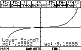 Graphing calculator screen showing a graph with the “Lower Bound?” prompt for finding a zero; cursor positioned at approximately x = –0.56962, y = –9.18655.